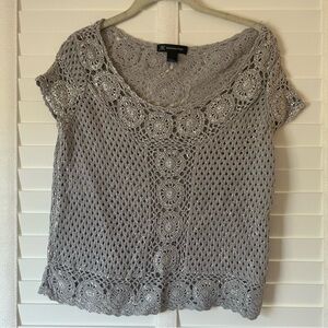 INC International Concepts Top Crocheted Gray Shimmer Short Sleeve Cotton XS